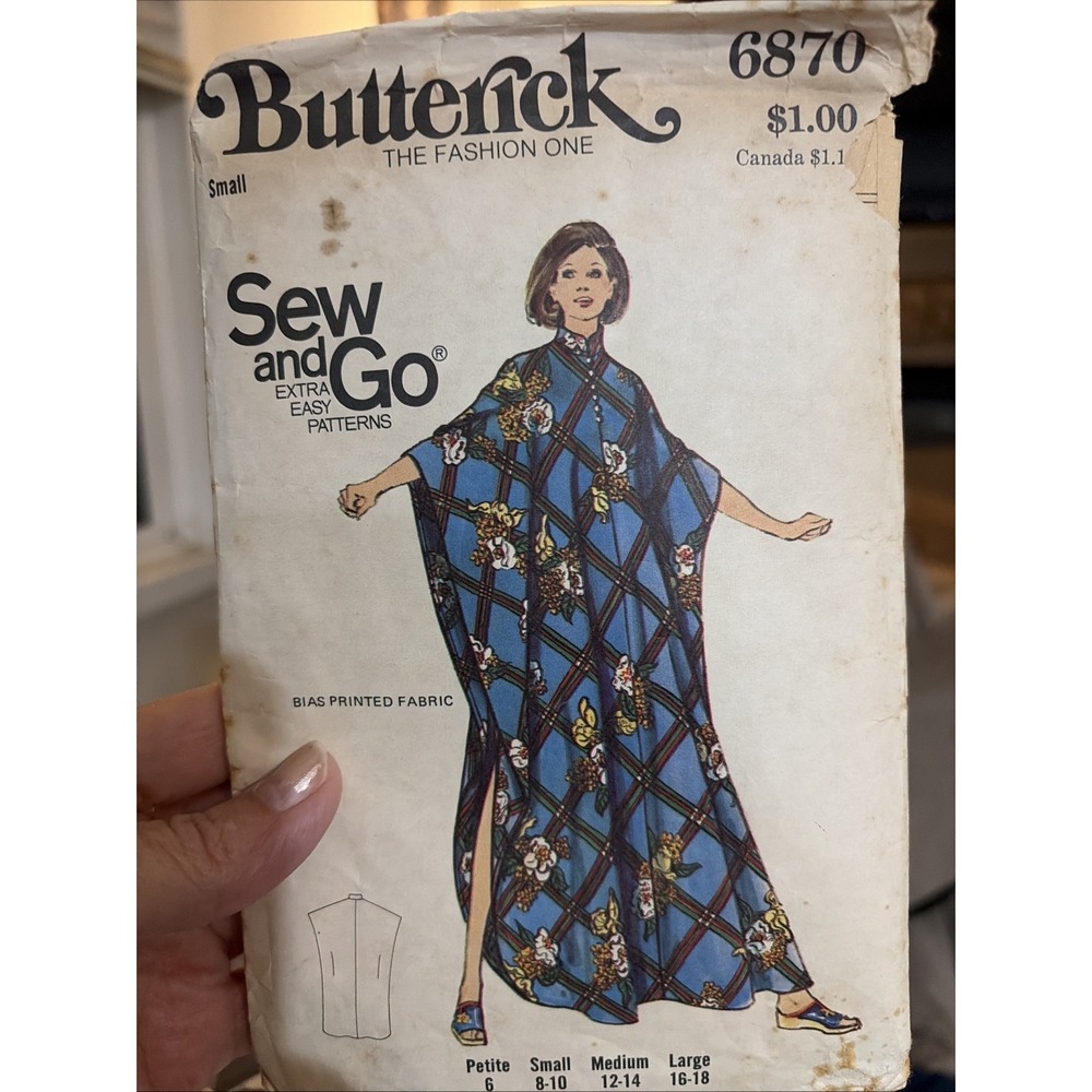 Butterick Vintage Caftan Sewing Pattern 6870 Size Small Cut Complete Rare